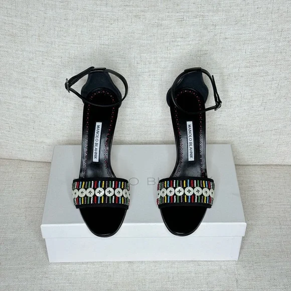 Manolo Blahnik Black Leather Beaded Sandals W Buttons |Size 37‎ 1/2 - Picture 3 of 12